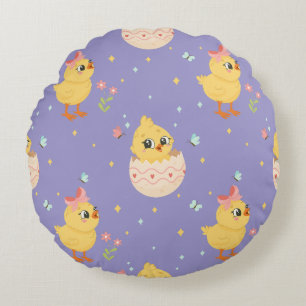 Cute Easter Chick with Pink Bow Seamless Pattern  Round Cushion