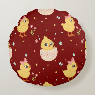 Cute Easter Chick with Pink Bow Seamless Pattern Round Cushion
