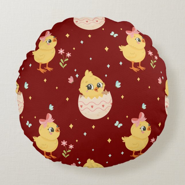 Cute Easter Chick with Pink Bow Seamless Pattern  Round Cushion (Front)