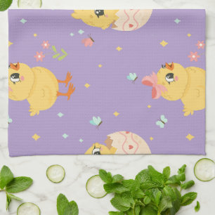 Cute Easter Chick with Pink Bow Seamless Pattern  Tea Towel