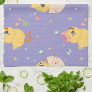 Cute Easter Chick with Pink Bow Seamless Pattern  Tea Towel