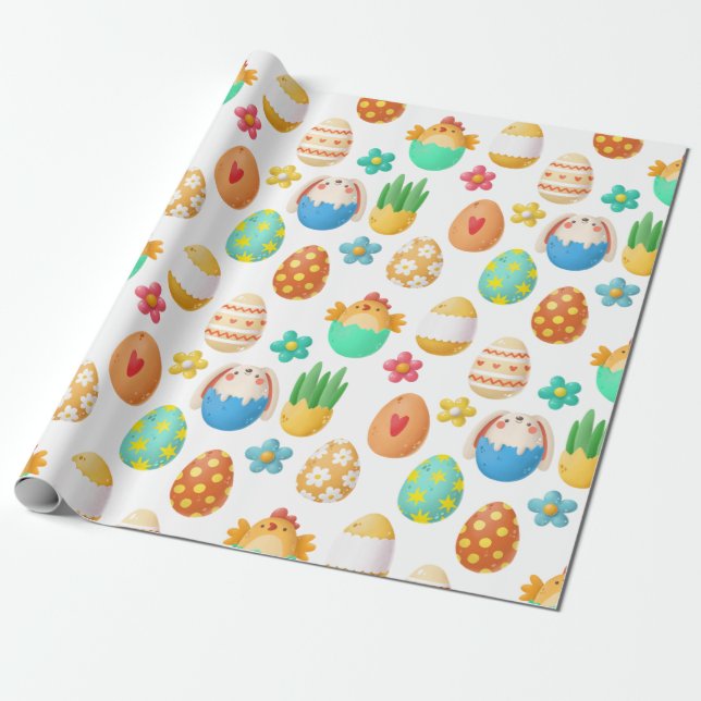 Cute Easter Chicks, Bunnies, and Eggs Wrapping Paper (Unrolled)