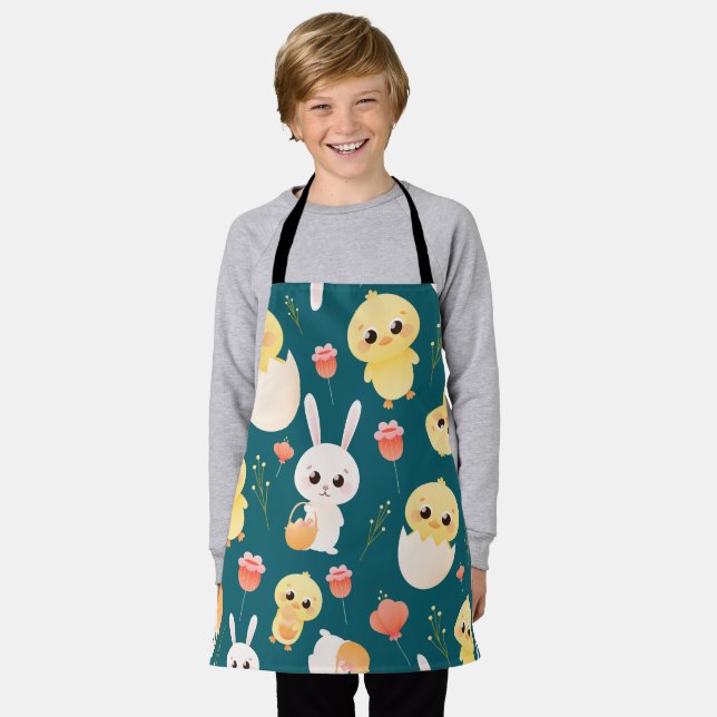 Cute Easter Chicks & Bunnies Seamless Pattern  Apron (Worn)