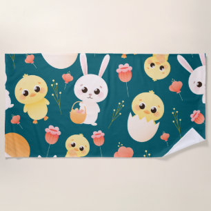 Cute Easter Chicks & Bunnies Seamless Pattern  Beach Towel
