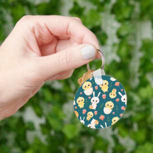 Cute Easter Chicks & Bunnies Seamless Pattern  Key Ring