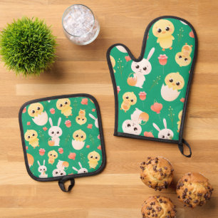 Cute Easter Chicks & Bunnies Seamless Pattern Oven Mitt & Pot Holder Set