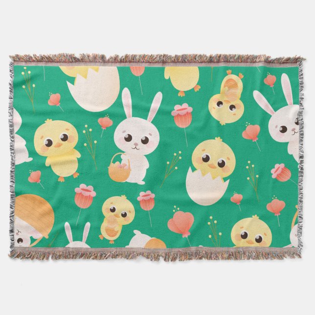 Cute Easter Chicks & Bunnies Seamless Pattern  Throw Blanket (Front)