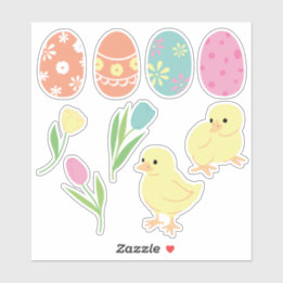Cute Easter Chicks, Decorated Eggs and Tulips