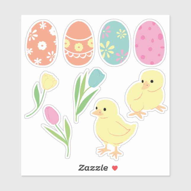 Cute Easter Chicks, Decorated Eggs and Tulips (Sheet)