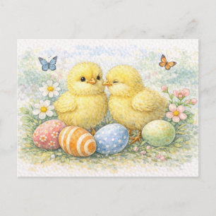 Cute Easter Chicks Watercolor Postcard