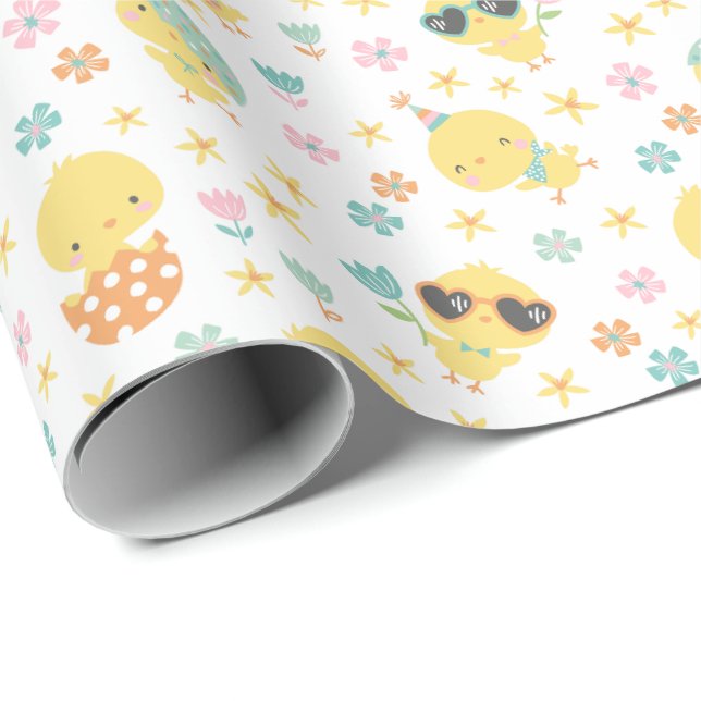 Cute Easter chicks with flowers and eggs Wrapping Paper (Roll Corner)