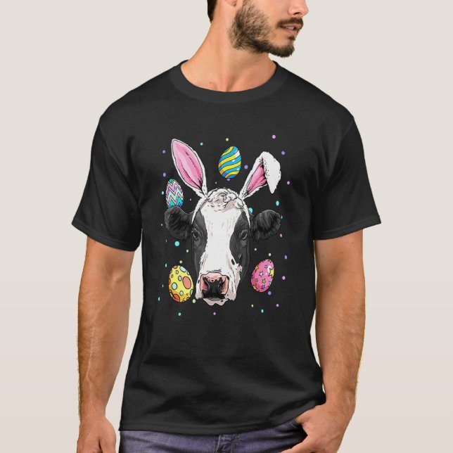 Cute Easter Cow With Bunny Ears Easter Eggs T-Shirt (Front)