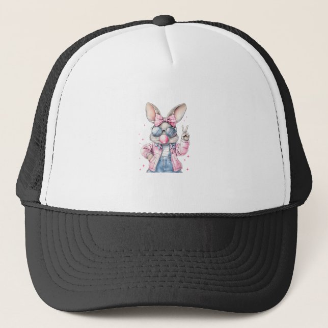 Cute Easter Day Bunny Blowing Bubble Rabbit Women  Trucker Hat (Front)