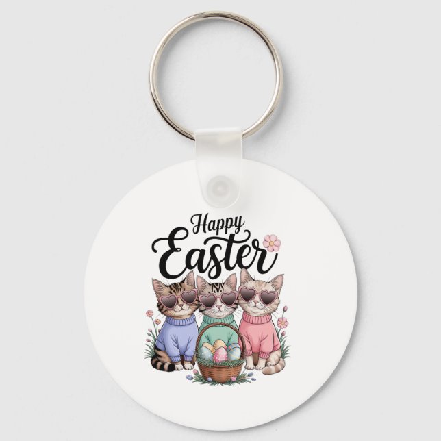 Cute Easter Day Cat Bunny Ears Eggs Graphic Men Wo Key Ring (Front)