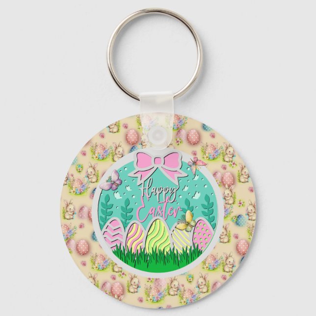 Cute Easter Egg Hunt and Colourful Butterflies Key Ring (Front)