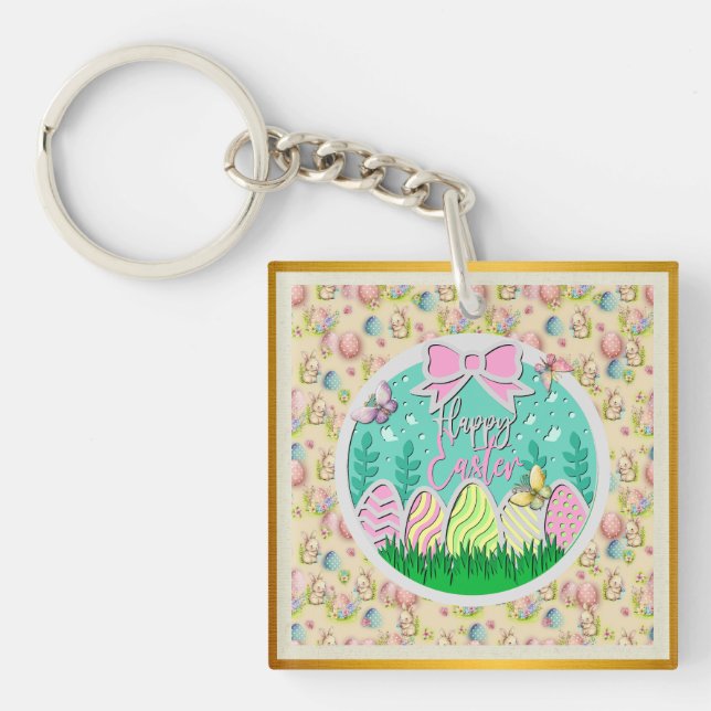 Cute Easter Egg Hunt and Colourful Butterflies Key Ring (Front)