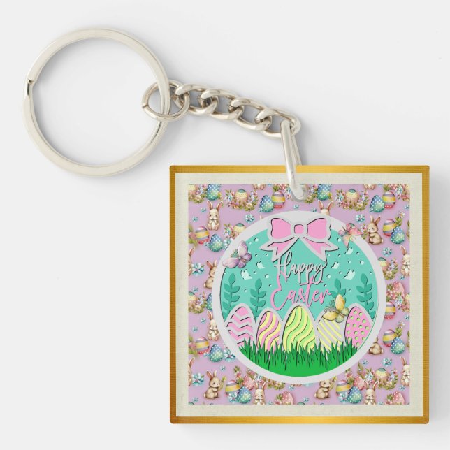 Cute Easter Egg Hunt and Colourful Butterflies Key Ring (Front)