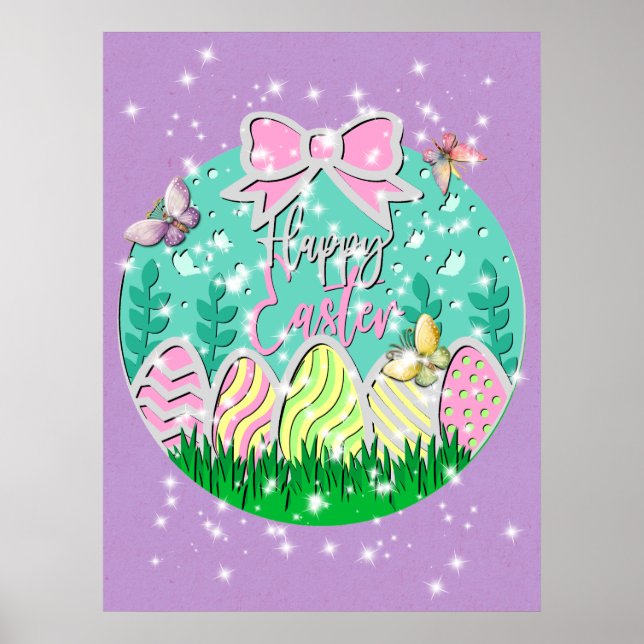 Cute Easter Egg Hunt and Colourful Butterflies Poster (Front)