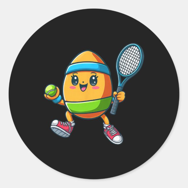 Cute Easter Egg Tennis Player Design Cartoon  Classic Round Sticker (Front)