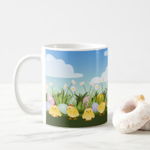 Cute Easter Eggs Baby Chicks And Flowers Scene Coffee Mug