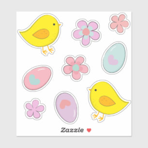 Cute Easter Eggs Chicks Flowers Pastel Spring Set