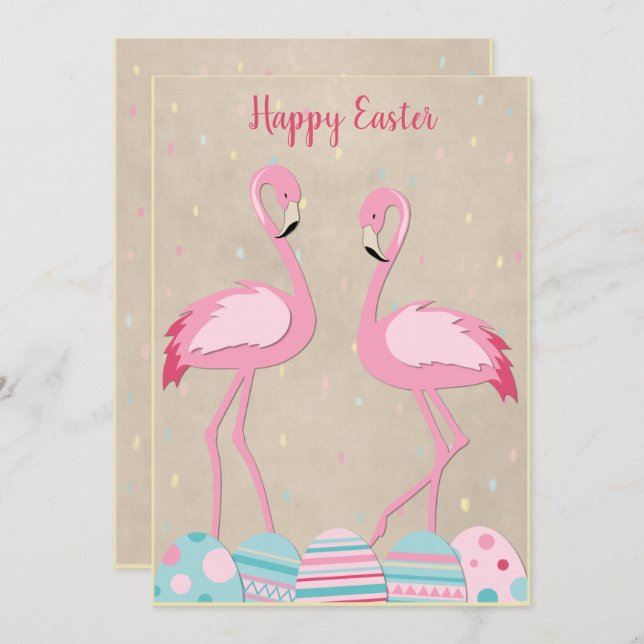 Cute Easter flamingo & painted eggs Holiday Card (Front/Back)