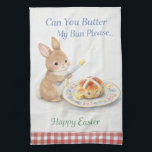 Cute Easter Gift Bunny Tea Towel | Hot Cross Bun<br><div class="desc">Celebrate Easter with a little cheeky charm. This adorable Easter tea towel features a sweet bunny holding a butter knife beside a freshly baked hot cross bun on a delicate floral plate, finished with the playful caption: “Can You Butter My Bun Please… Happy Easter.” Perfect for: • Easter hostess gifts...</div>