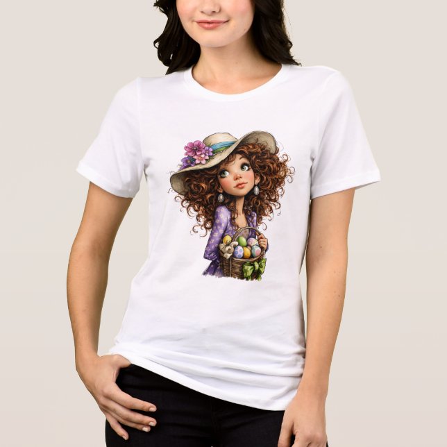 Cute Easter Girl with Eggs Spring Art Tri-Blend Shirt (Front)