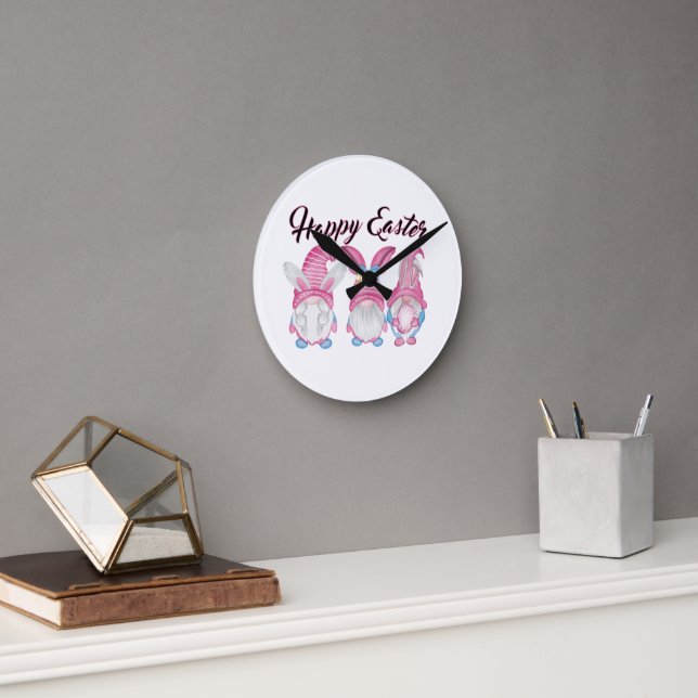 Cute Easter Gnome Design Round Clock (Office)