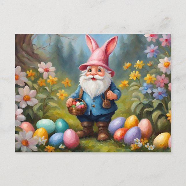 Cute Easter Gnome in Spring Garden Illustration  Holiday Postcard (Front)