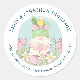 Cute Easter Gnome Name Return Address Pink Teal Classic Round Sticker