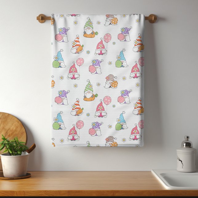 Cute Easter Gnomes Girly Spring Flowers Eggs Tea Towel (Creator Uploaded)