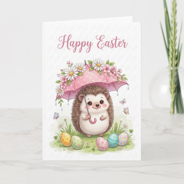 Cute Easter Hedgehog with Floral Umbrella Card (Front)