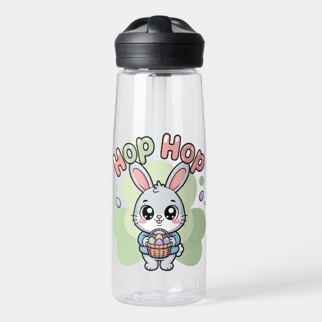 Cute Easter Hop Hop Bunny Basket Artwork Water Bottle (Front)