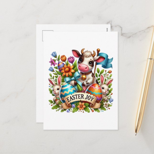 Cute Easter joy cow farm animal  Holiday Postcard (Front/Back In Situ)