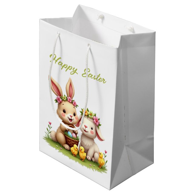 Cute Easter Lamb & Bunny | Spring Flowers & Chicks Medium Gift Bag (Front Angled)