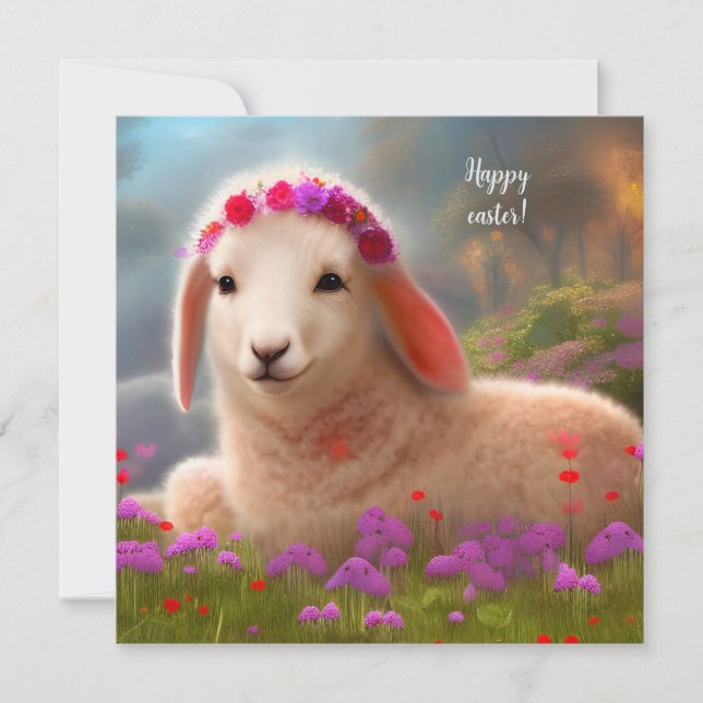 Cute easter lamb with flowers -  easter  card (Front)