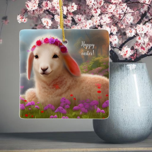 Cute easter lamb with flowers -  easter  ceramic ornament (Creator Uploaded)