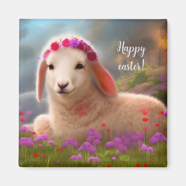 Cute easter lamb with flowers -  easter  magnet (Front)
