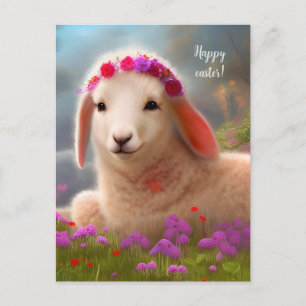Cute easter lamb with flowers - easter postcard