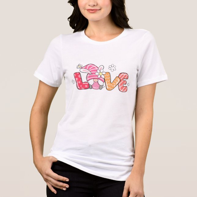 Cute Easter Love Pink Bunny Gnome Girly Flowers Tri-Blend Shirt (Front)