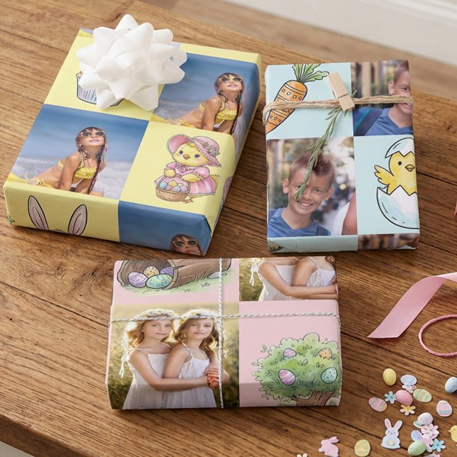 Cute Easter Pictures and Square Photos Set of 3 Wrapping Paper Sheet (Easter wrapping paper with kids photos)