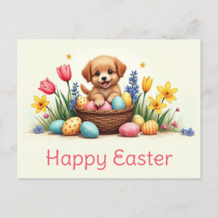 Cute Easter Puppy Dog Egg Basket Floral Postcard