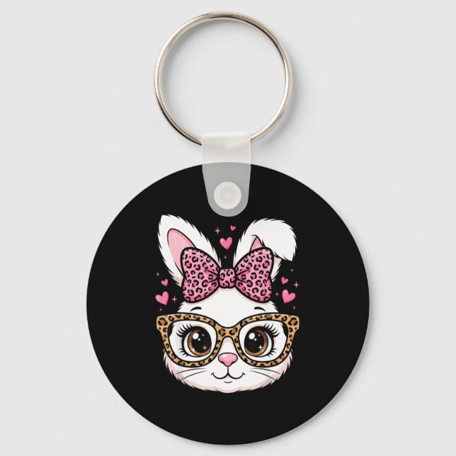 Cute easter rabbit face leopard bow sunglasses key ring (Front)