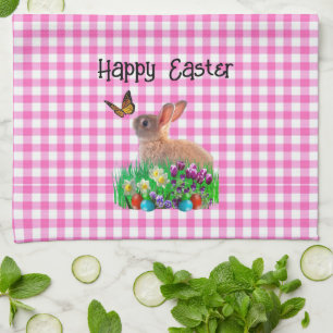 Cute Easter Rabbit on Pink Gingham  Tea Towel