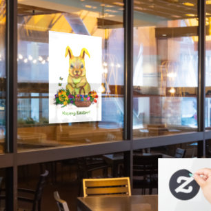 Cute Easter Rabbit with Eggs and Flowers