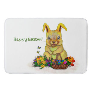 Cute Easter Rabbit with Eggs and Flowers Bath Mat