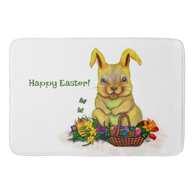 Cute Easter Rabbit with Eggs and Flowers Bath Mat (Front)