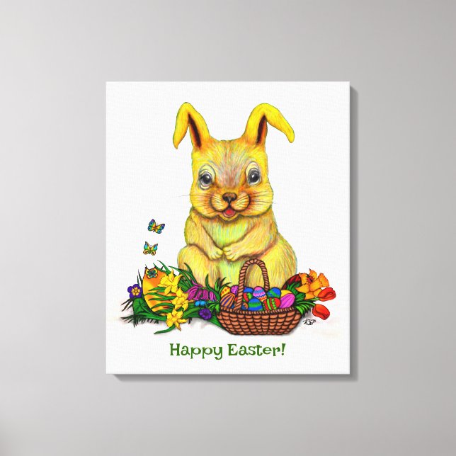 Cute Easter Rabbit with Eggs and Flowers Canvas Print (Front)