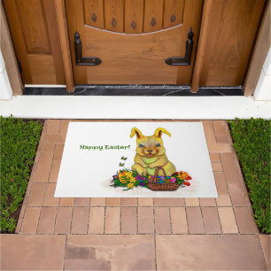 Cute Easter Rabbit with Eggs and Flowers Doormat